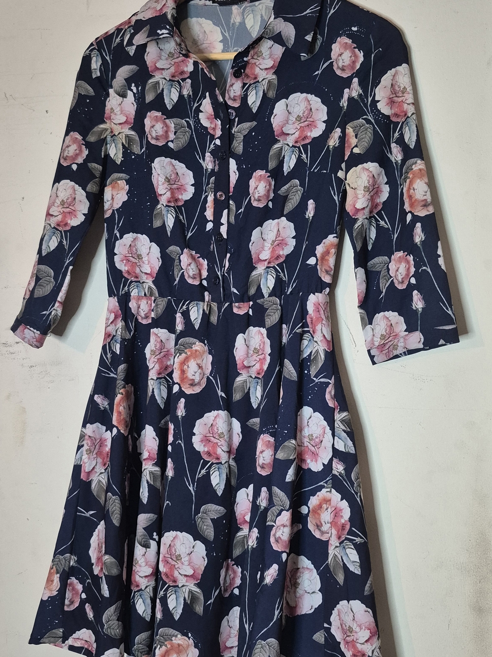 Girls Navy Floral Fit-and-Flare Dress with Pink Roses Xs